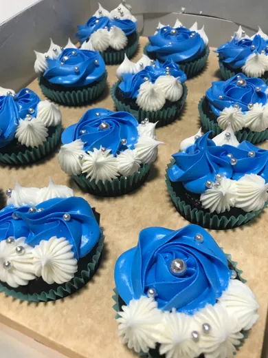 Aizhielicious cupcakes frosted in blue and white for a party